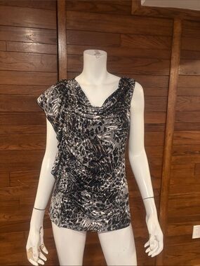 cleo Black and White Ruched Cowl-Neck Animal Print Top